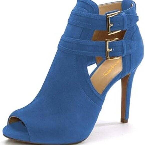 XYD Shoes - XYD Blue Women Peep Toe Ankle Bootie High Heels Buckled Double Straps Cutout